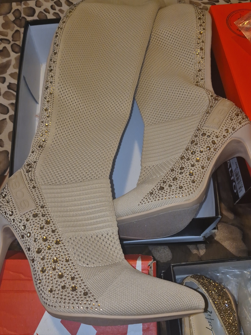 bebe Beige Over-the-Knee Knit Boots with Gold Studs